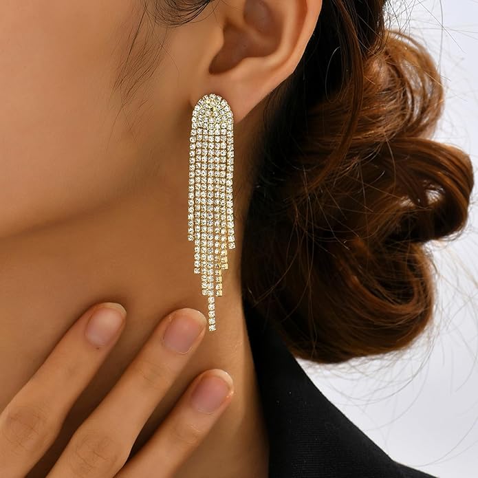 HERIER Rhinestone Earrings Dangling for Women Chandelier Statement Tassel Earrings Girls Silver Sparkly Drop Cubic Zirconia Crystal Earrings Long Dangle Costume Jewelry