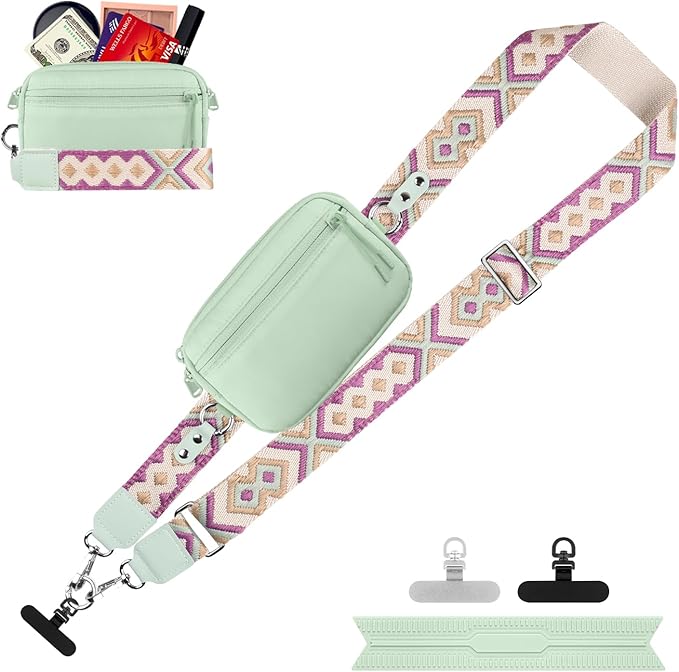 Clip and Go Strap for Phone with Wallet Crossbody, Adjustable Phone Lanyard with Detachable RFID Wristlet Wallet, Pattern Strap, Green (M)
