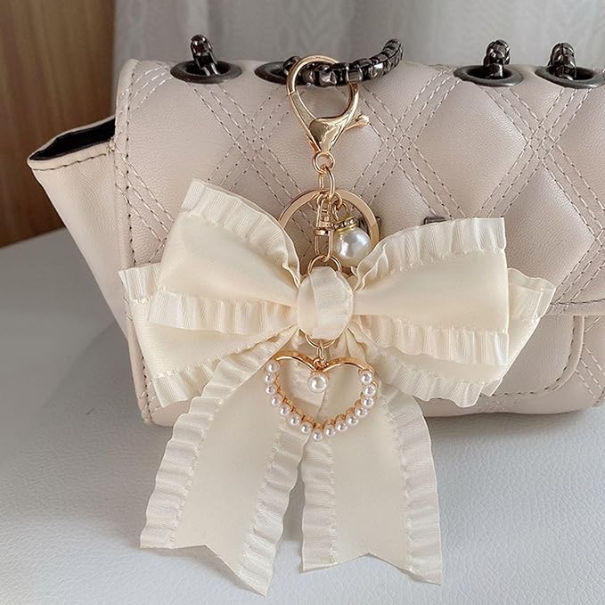 Ribbon Bowknot Bag Charms, Cute Pearl Heart Keyring Holder Purse Hanging Decorations Bag Handbag Pendant