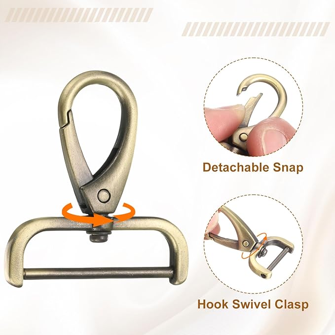 HARFINGTON 2Pcs Detachable Snap Hook Swivel Clasp 1 1/2" D Ring with Swivel Lobster Claw Clasps Hook for Purse Strap Keychain Bag DIY Craft, Brass