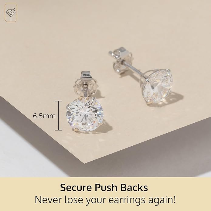 14k Gold Solitaire Round Cubic Zirconia Earrings Studs for Women & Men | Anti Tarnishing CZ Stud Earrings with 14k Gold Butterfly Pushbacks | 4MM-7.5MM by MAX + STONE