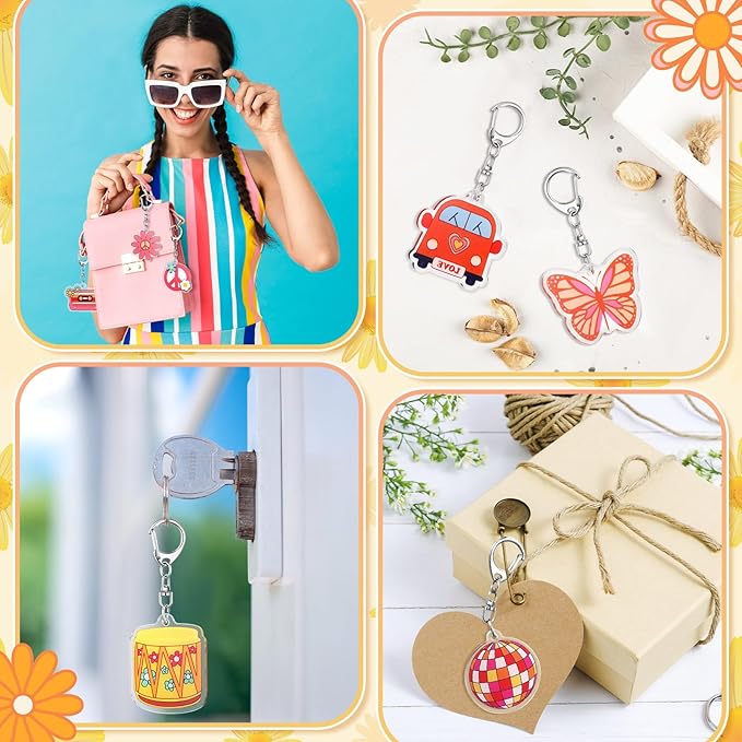 Tondiamo 48 Pcs Groovy Party Favors Keychains Bulk Retro Hippie Peace Daisy Boho Keychains for Spring Summer Groovy Party Birthday Gifts Decorations
