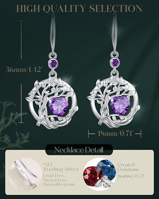 FANCIME Tree of Life Dangle Drop Earrings 925 Sterling Silver Dainty Round Gemstone Birthstone Earring Fine Jewelry Birthday Christmas Gifts for Her Women