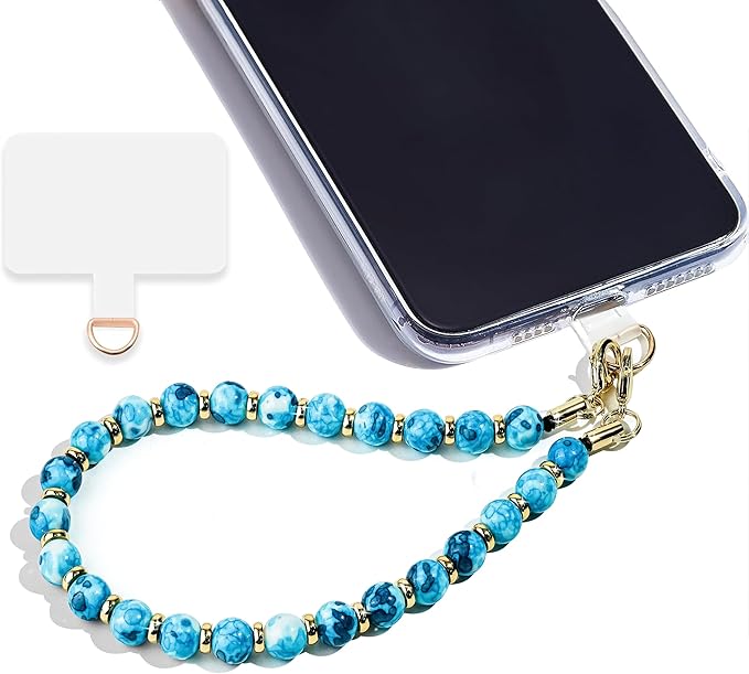 Marble Beaded Phone Wrist Strap,Detachable Phone Bracelet Strap with Tether Tab,Hands-Free Wristlet Strap (Blue Ink)