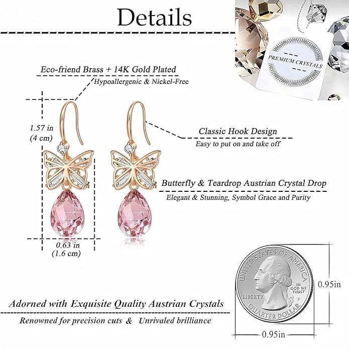 Austrian Crystal Teardrop Butterfly Drop Dangle Earrings for Women 14K Rose Gold Plated Hypoallergenic Jewelry