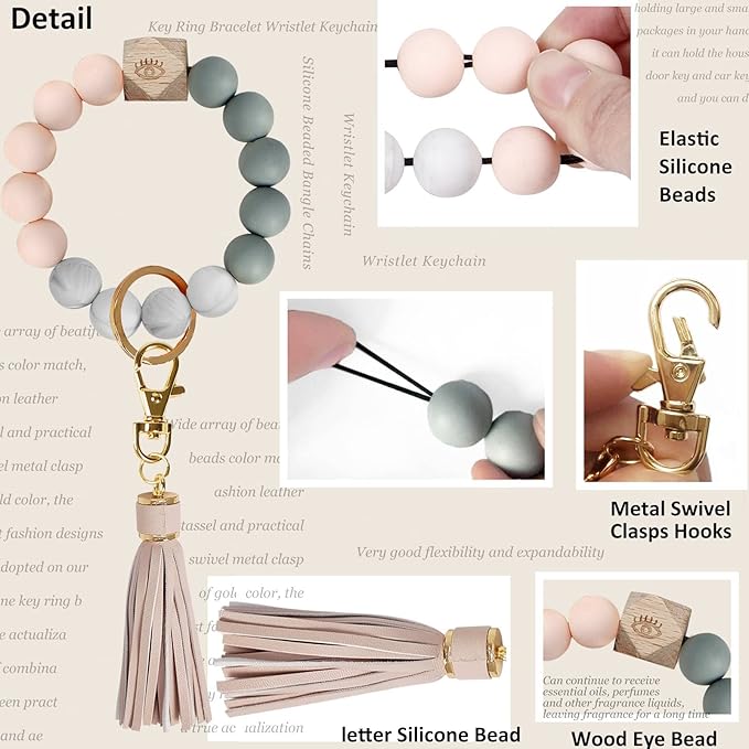 BIHRTC Key Ring Bracelet Car Keychain Holder Wristlet Silicone Women Beaded Bangle Chains