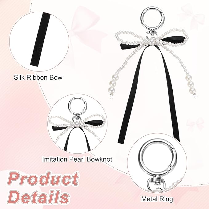 MECCANIXITY Pearl Bow Keychain, Y2k Aesthetic Imitation Pearl Bowknot Ribbon Keyring for Tote Bags Purse Handbag Charm