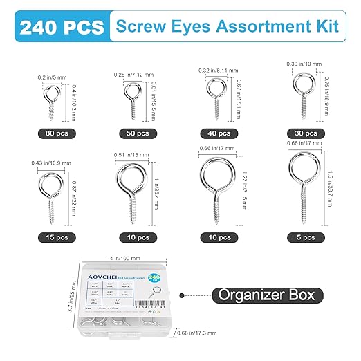 Aovchei Screw Eyes Set, 240PCS 0.39" 0.59" 0.67" 0.75" 0.87" 1" 1.22" 1.5" 304 Stainless Steel Eye Screws, Eye Hooks Screw Eye Bolts Eye Hooks Screw, Indoor & Outdoor
