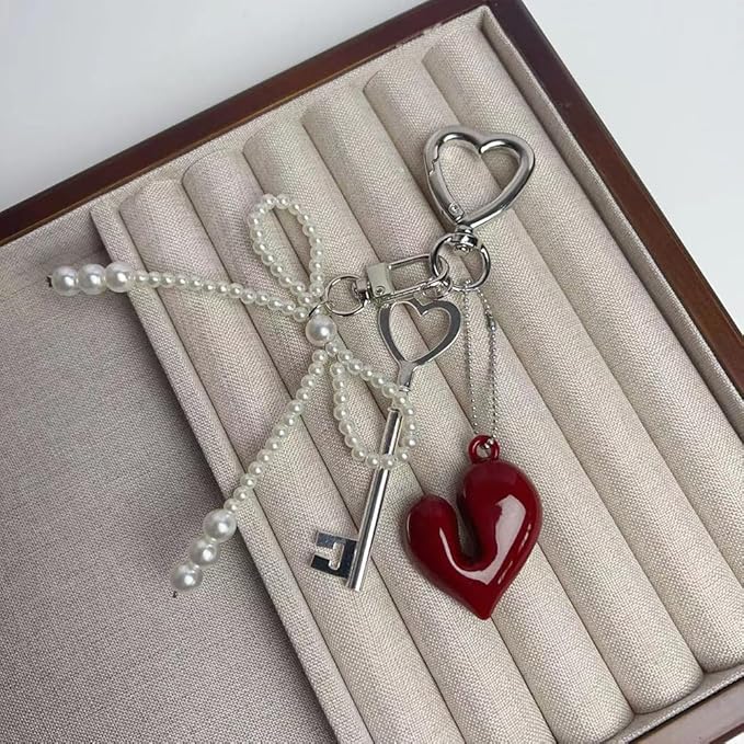 Cute Red Heart Pearl Bow Keychain Accessories, Decorative Pendant for Women's Keychain, Purse, Backpack, Handbags, Gifts