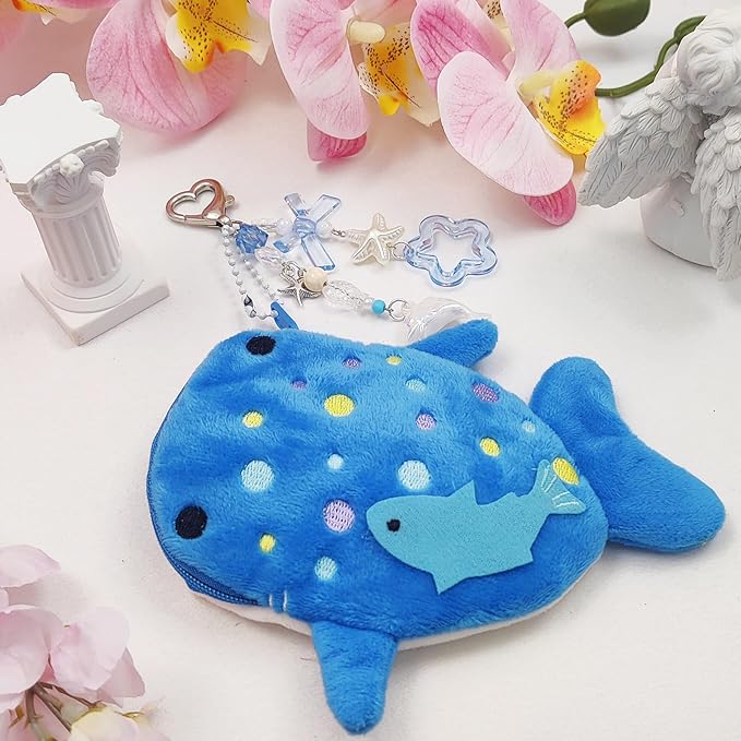 Adorable Whale Shark Coin Purse Keychain,Soft Plush Zipper Coin Purse,Handmade Purse Bag Charm Gift for Women (Blue)
