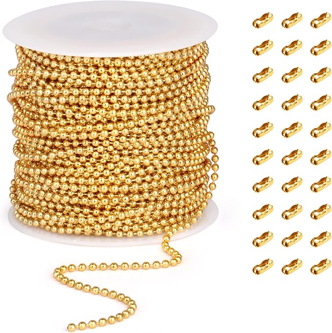 Gold Ball Bead Chain [2.4mm/50Feet] 18K Gold Plated Ss Ball Chains Spool with 30 PCS Connectors for Jewelry Making & More