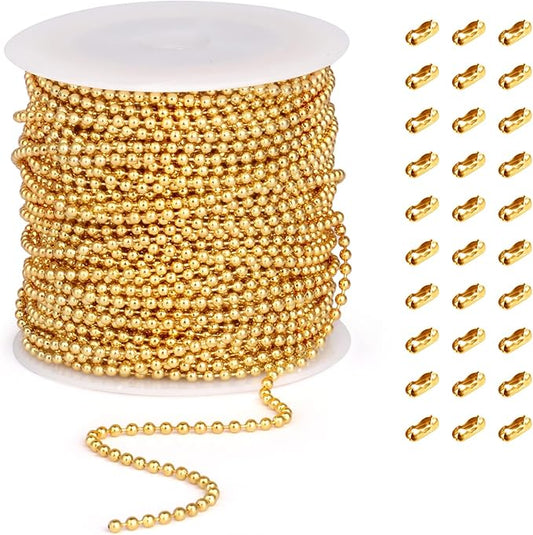 Gold Ball Bead Chain [2.4mm/50Feet] 18K Gold Plated Ss Ball Chains Spool with 30 PCS Connectors for Jewelry Making & More