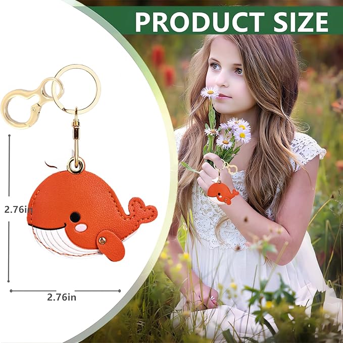 Leather Keychain Holder Case Compatible with AirTag,Cute Protective Cover with Keyring,Anti-Scratch Finder GPS Tracker Case for Wallet Keys,Bag,Pets(Whale Orange)