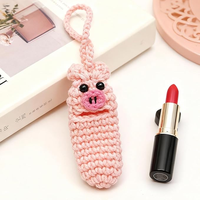 Angyape Cute Lip Balm Holder Keychain Lipstick Chapstick Holder Keychain Crochetr Pig Bag Charms Purse Charms Gifts for Women