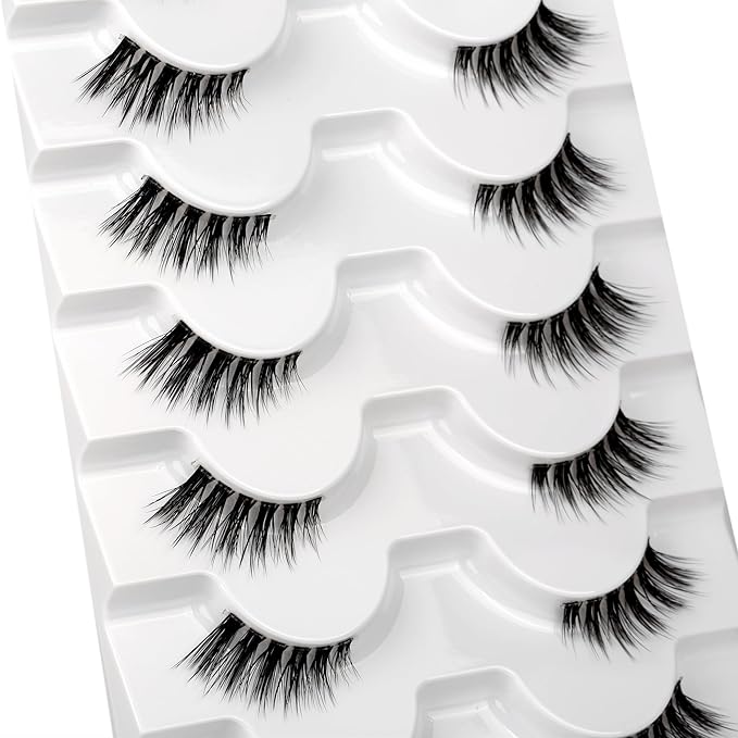Natural Fake Eyelash for Nude Makeup Cat Eye Look Half Lashes Strips Manga Doe-Eye Spiky Short Accent Lashes Wispies Volume Asian Fairy Clusters False Eyelashes Extensions 8 Pairs Pack Daily Use