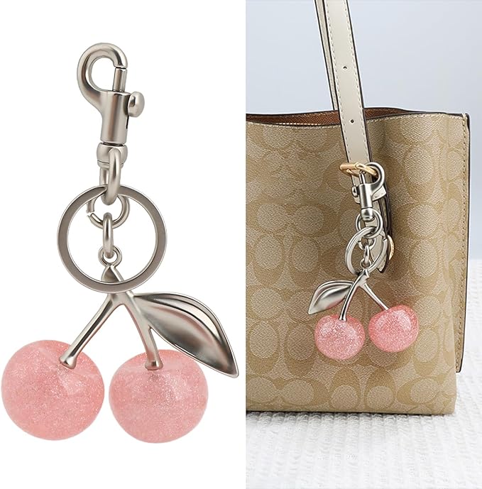 Cherry Keychain for Purse - Resin Alloy Silver Cherry Bag Charm，Cute Fruit Accessory for Women/Gift/Home/Car
