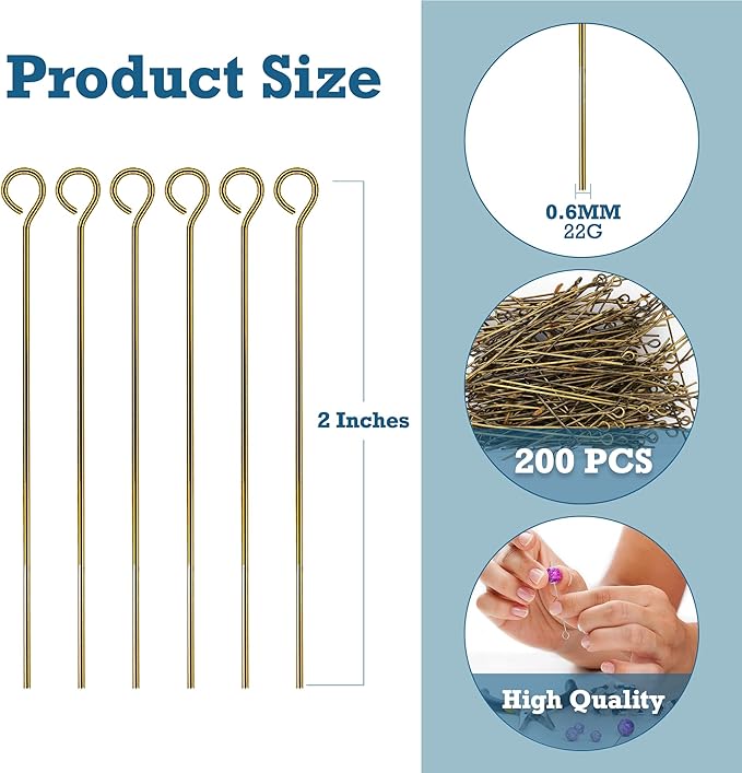 Mandala Crafts 200 2 Inch Antique Brass Eye Pins for Jewelry Making Earring Making Supplies Jewelry Findings Open Eye Head Pins for Earrings DIY Bracelets Rosary Charms