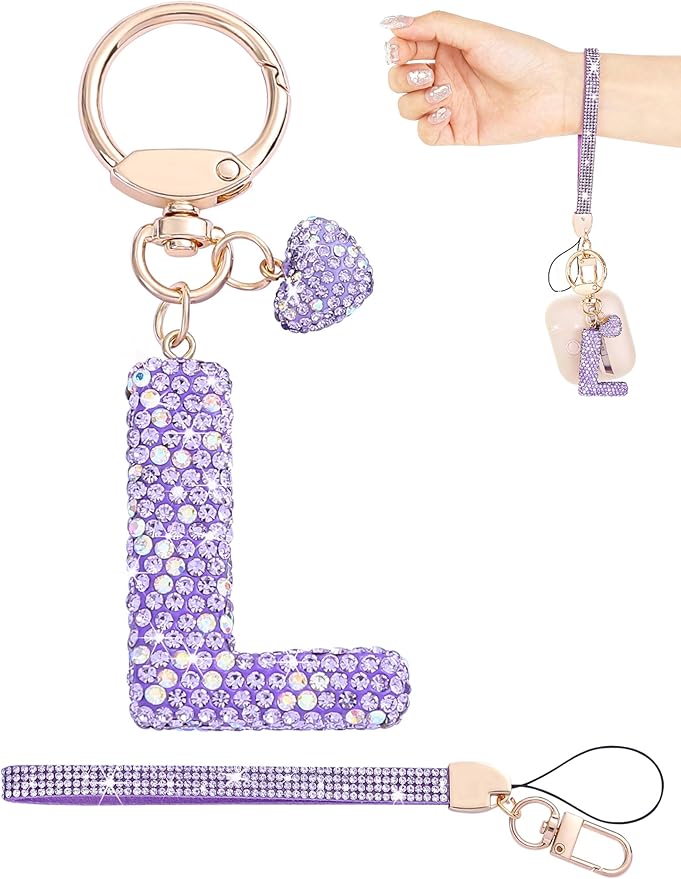 Initial Keychain for Women Girls,Bling Letter Key chain Initial with Heart,Pink Keychain Charms for Backpack Handbag