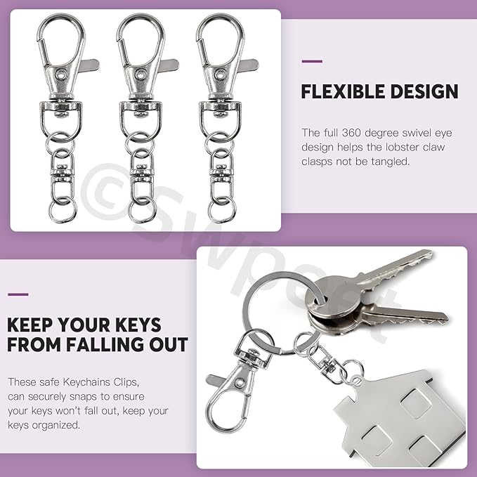 Swpeet Assorted 150Pcs Silver Keychain Making Kit, 50Pcs Swivel Lobster Claw Clasps, 50Pcs Rotating 8-Shaped Buckle Claw Clasp, 50Pcs Jump Ring, Swivel Trigger Hook, Swivel Clasps Lanyard Snap Hook