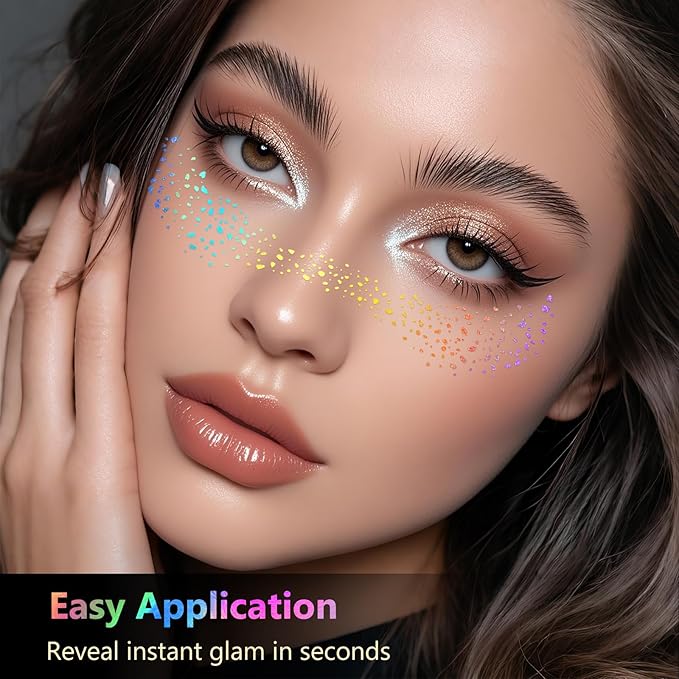 HyperFun 12Pcs Face Glitter Freckles, Face Glitter Fake Freckles Sticker, Holographic Multichrome Waterproof Sparkle Freckles Makeup Patches for Women Rave Festival Accessories Concerts Party Prom