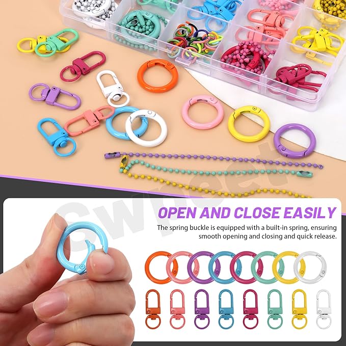 Swpeet 102Pcs 8Colors Swivel Lobster Claw Clasps with O-Shaped Keychain Clips, Open Jump Rings and Ball Chains Assortment Kit, Metal Carabiner Keychain Clip for Connecting and DIY Craft Making
