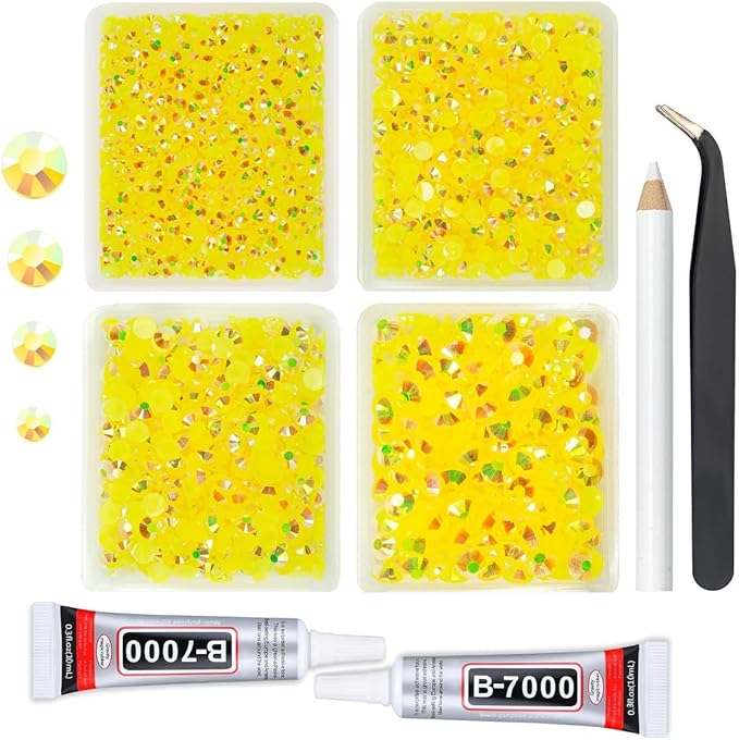 Lemon Yellow AB Resin Rhinestones w B7000 Jewelry Glue for Bedazzling Crafting 3mm 4mm 5mm 6mm Citrine Flatback Jelly Stones Bulk Diamonds Gems for Nails Face Makeup Tumblers DIY Crafts Decor