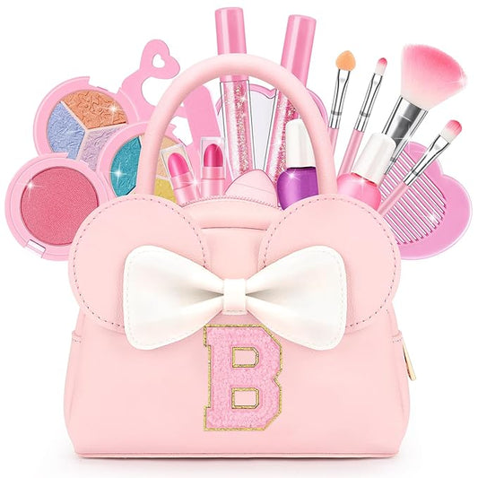 Kids Real Makeup Kit for Girls - 18Pcs Non-Toxic Washable Make Up Toys with Initial Toddler Purse - Personalized Birthday Gifts for Age 3 4 5 6 7 8 9 10 Years Old Girls Vanity Set - B