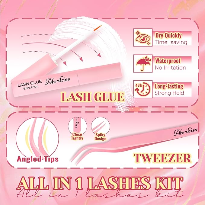 Ahrikiss Lashes Wispy False Eyelashes Natural Look 8 Pairs Faux Mink Lashes Kit with Lash Glue and Lash Tweezers Soft Lightweight Fake Lashes (Charm)