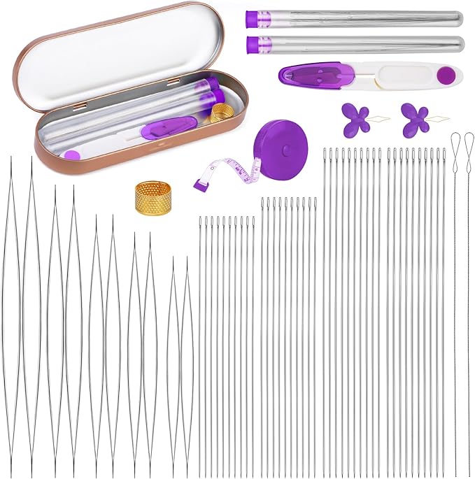 GarfxG 60 PCS Beading Needles Set with Collapsible Big Eye Needles, Twisted Wire Seed Needles, Straight Beading Needles and Threaders, Thimble, Scissors, Measure Tools in Storage Box