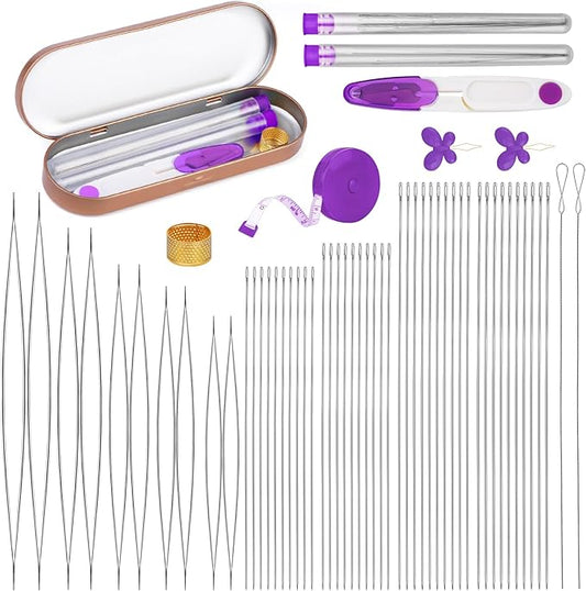 GarfxG 60 PCS Beading Needles Set with Collapsible Big Eye Needles, Twisted Wire Seed Needles, Straight Beading Needles and Threaders, Thimble, Scissors, Measure Tools in Storage Box