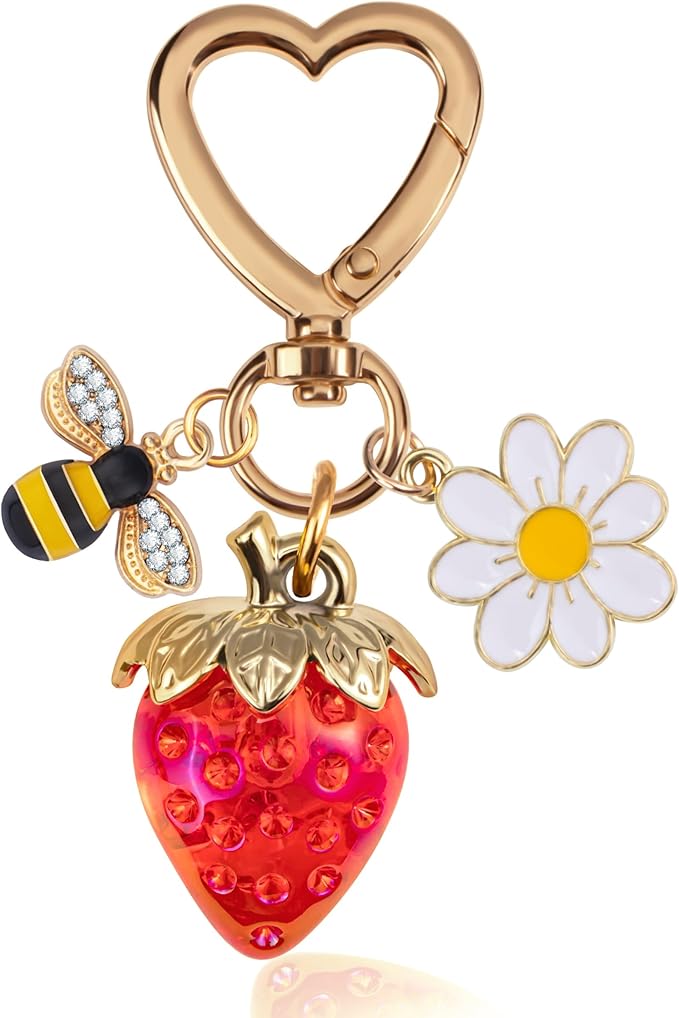 Wikavanli Cute Strawberry Keychain,Bag Charms,Kawaii Heart Flower Daisy Key chains Accessories Decor for Women Girls Purse