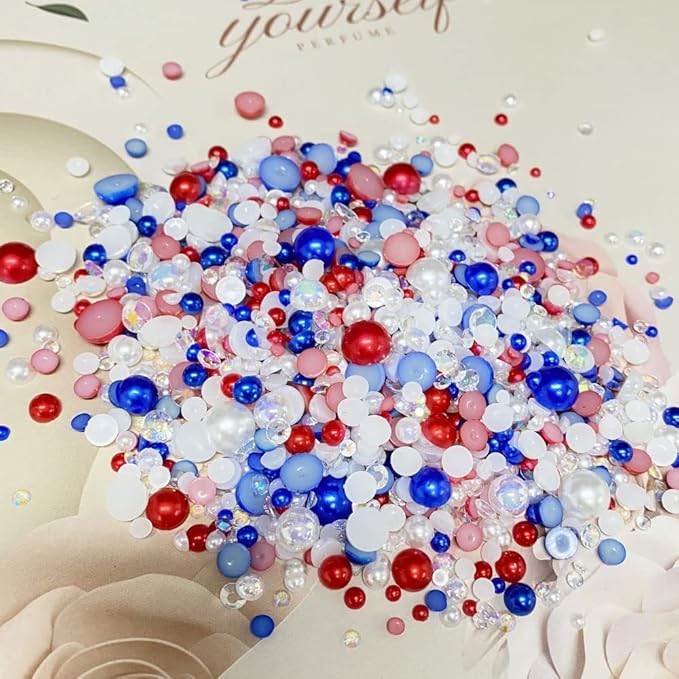 100g Mix Resin Rhinestones Flatback Half Round Pearls Mixed Size 3mm-10mm AB Color Half Pearls Resin Rhinestones for DIY Craft Nail Art Shoes Clothes Phone Case (White/Red/Dark Blue Series)