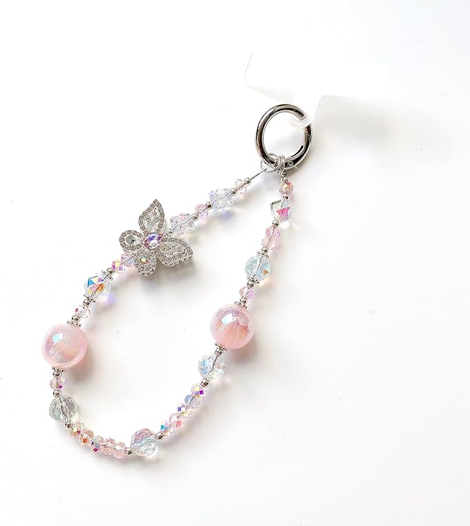Crystal Butterfly Phone Charm, Pink Pearl Beaded Lanyard, Bling Shiny Wrist Strap Keychain for Purse Bags Car keys Earphones