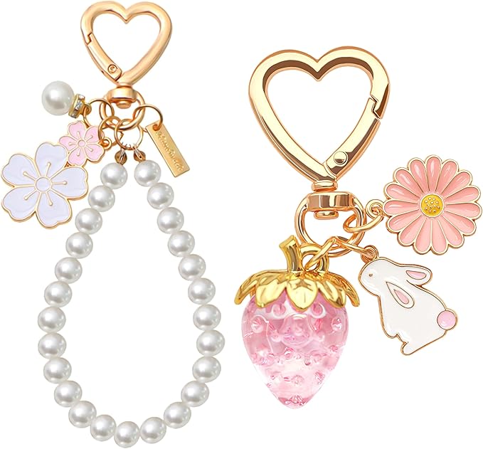 2Pcs Strawberry Keychain Flower Cherry Blossom Keychain Cute Bag Charms Strawberry Gift for Women Girls