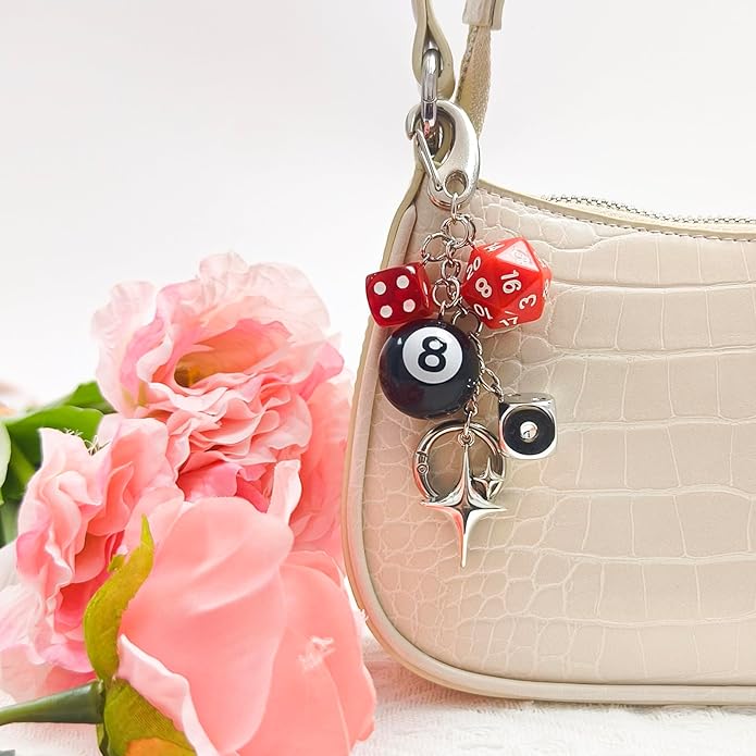 Y2K Keychain for Women, 8 Ball Dice Charm with Carabiner Clip - Cute Goth Core Keychain Bag Charm for Keys Bags Jeans