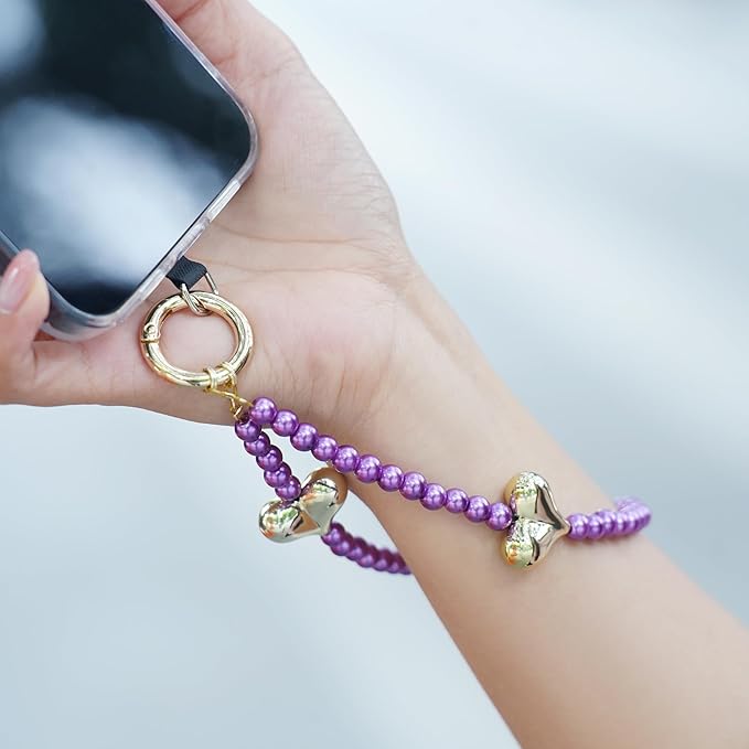 Beaded Phone Wrist Strap for Women Pearl Wristlet Strap Cute Phone Lanyard Golden Heart Shaped Bead Cellphone Chain (Rose Purple)