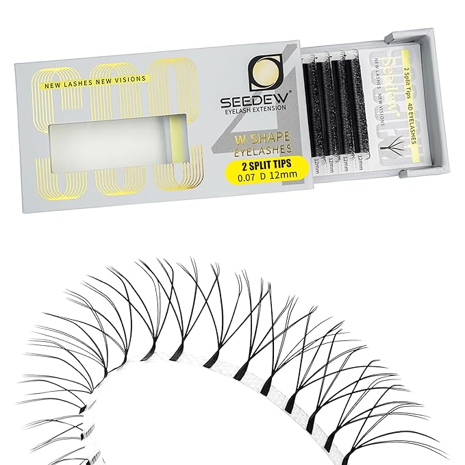 SEEDEW 4D-Double Tips Lash Extensions, 0.07mm D Curl 12mm 12 Rows/Tray, W Shape 4DD Flat Stem, PBT Volume False Eyelashes for Beginner Artist, Lash Tech, Beauty Salon(4DD-Matte Black-0.07-D-12mm)