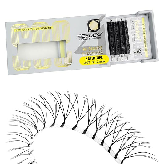 SEEDEW 4D-Double Tips Lash Extensions, 0.07mm D Curl 12mm 12 Rows/Tray, W Shape 4DD Flat Stem, PBT Volume False Eyelashes for Beginner Artist, Lash Tech, Beauty Salon(4DD-Matte Black-0.07-D-12mm)