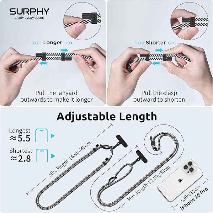 SURPHY Phone Lanyard, Adjustable Phone Strap Crossbody with 2 Pack Phone Tether Tab, Premium Metal Buckles and Two-Color Braided Cell Phone Lanyard Crossbody for Women and Men, Black & White
