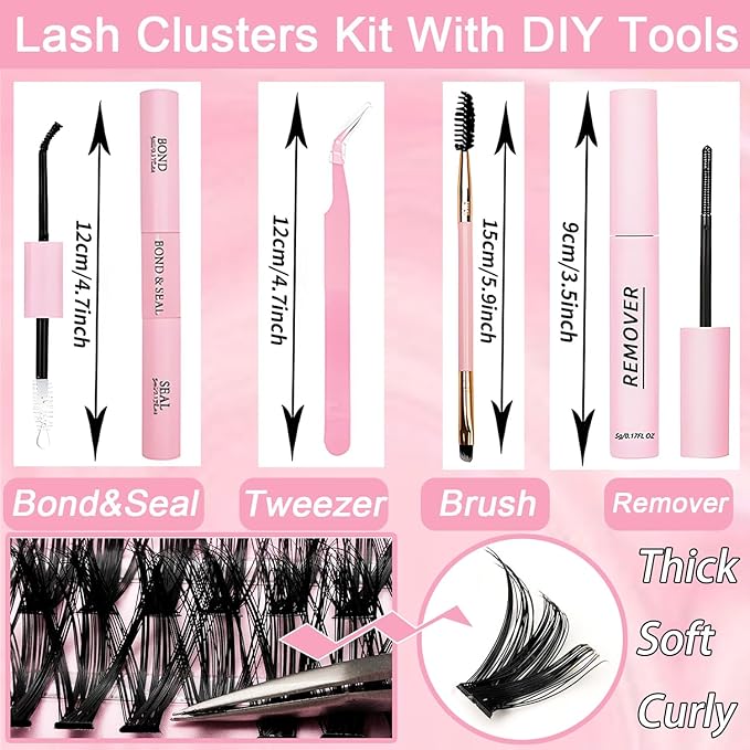Lash Clusters Kit, 640 Pcs Eyelashes Clusters Extensions Kit 9-16mm Individual Lashes D Curl Fluffy Wispy False Eyelashes Thin Band, with Bond Seal Remover Tweezers Brush DIY (40D+50D Kit 9-16mm)