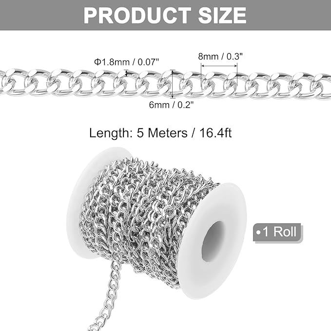 PATIKIL 16.4Ft Aluminium Curb Chains Twisted Links, 8x6mm Curb Chain Spool Jewelry Making Chains Craft Chain for Necklace Bracelet Earring, Silver