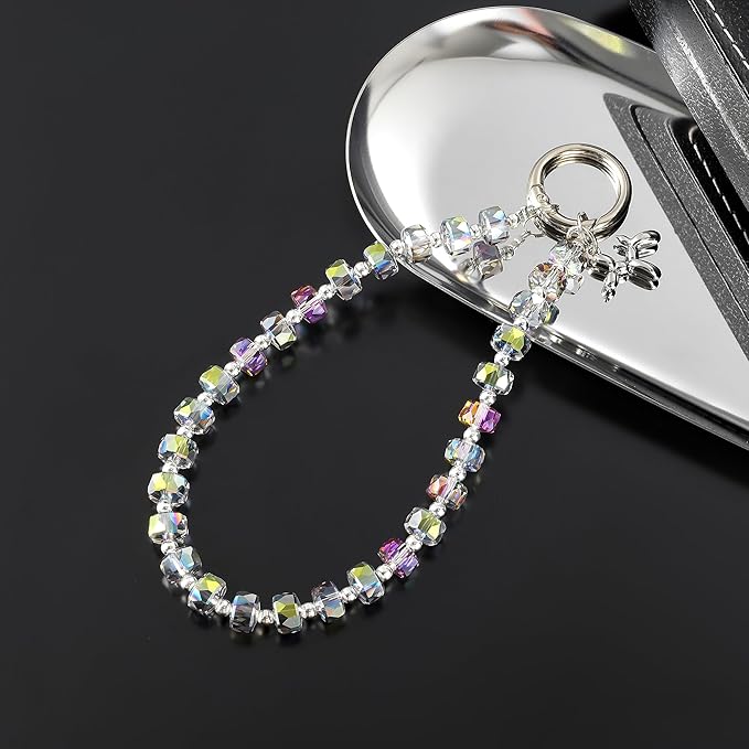 Crystal Phone Wrist Strap Phone Charm Chain Keychain Beaded Cellphone Lanyard with Tether Tab Hands-Free Wristlet Bracelet Wrist Grip Strap for Women, W-Green Purple