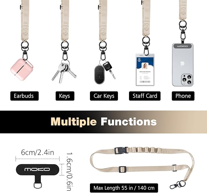 MoKo Universal Phone Lanyard, Nylon Adjustable Cell Phone Crossbody Strap Detachable Women & Men Cellphone Lanyards Around the Neck with Patches for iPhone, Most Smartphones, Light Khaki