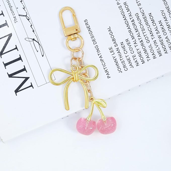Tiny Cherry Keychain Cute Red Black Pink Cherry Key Chain for Women Glitter Small Bag Charms Car Keys Accessories