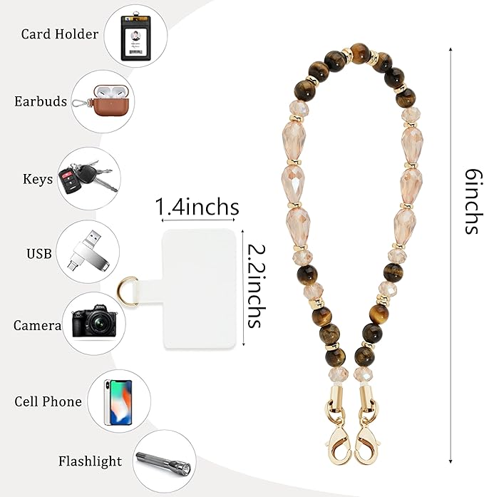 Marble Beaded Phone Wrist Strap,Detachable Phone Bracelet Strap with Tether Tab,Hands-Free Wristlet Strap (Tiger Eyes Crystal)