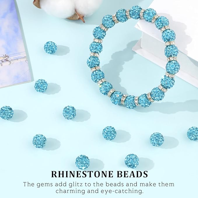 120pcs 10mm Rhinestone Beads for Jewelry Making, Aquamarine Shiny Round Shamballa Disco Ball Beads Bulk, Sparkle Crystal Clay Christmas for Bracelet Baseball Necklace Earring Crafting and DIY