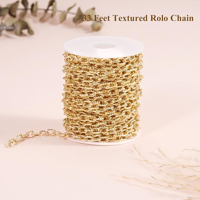 BORUINIE 33 Feet Gold Plated Rolo Chains Textured Oval Link Aluminum Chain Roll Bulk for DIY Necklace Jewelry Making