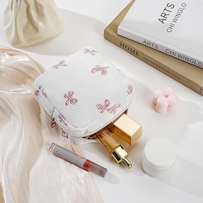 uekeboag Cute Small Corduroy Zipper Makeup Bag, Mini Coquette Aesthetic Pouch with Bow Pattern for for Purse,Key Pocket Lipstick Bag Card Holder Data Cable Organizer for Women Girls (08WhitePink Bow)