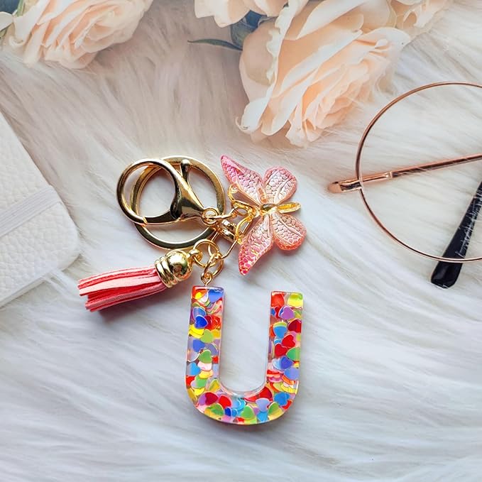 Cute Initial Letter Keychains for Women Girls Tassel Butterfly Pink Purple Green Keychain for Backpack School Bag