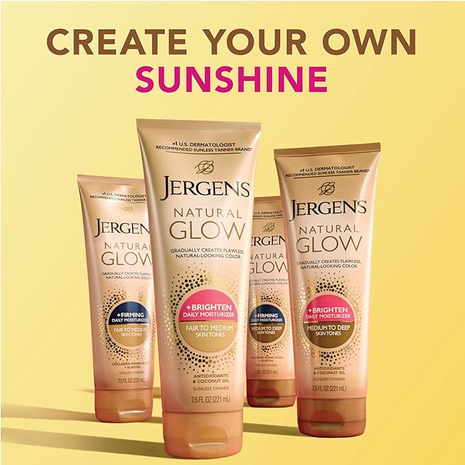 Jergens Natural Glow Self Tanner Body Lotion, Sunless Tanning, Medium to Deep Skin Tone, Daily Moisturizer with Coconut Oil, Vitamin E and Antioxidants, 7.5 Oz
